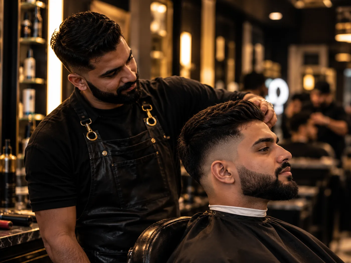 A barber finishing a low fade with a textured top