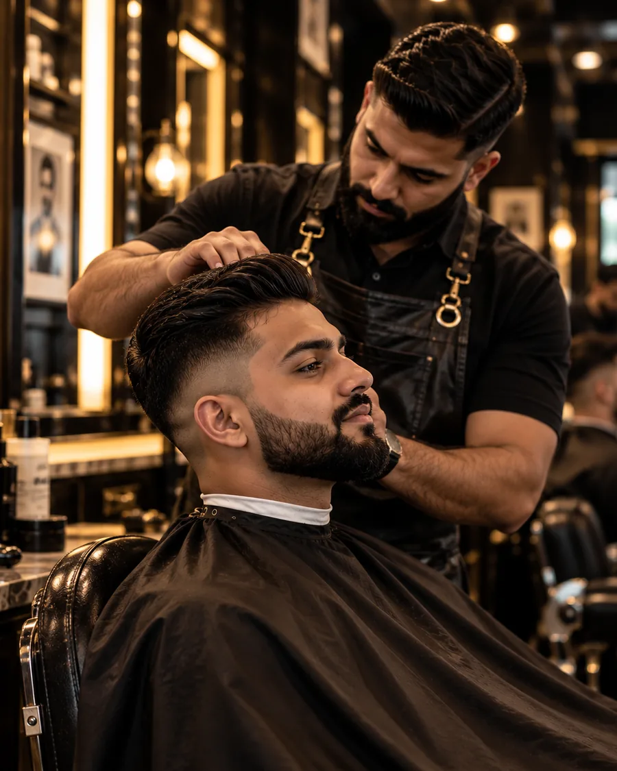 A barber styling a client's fade and beard in a black and gold barbershop