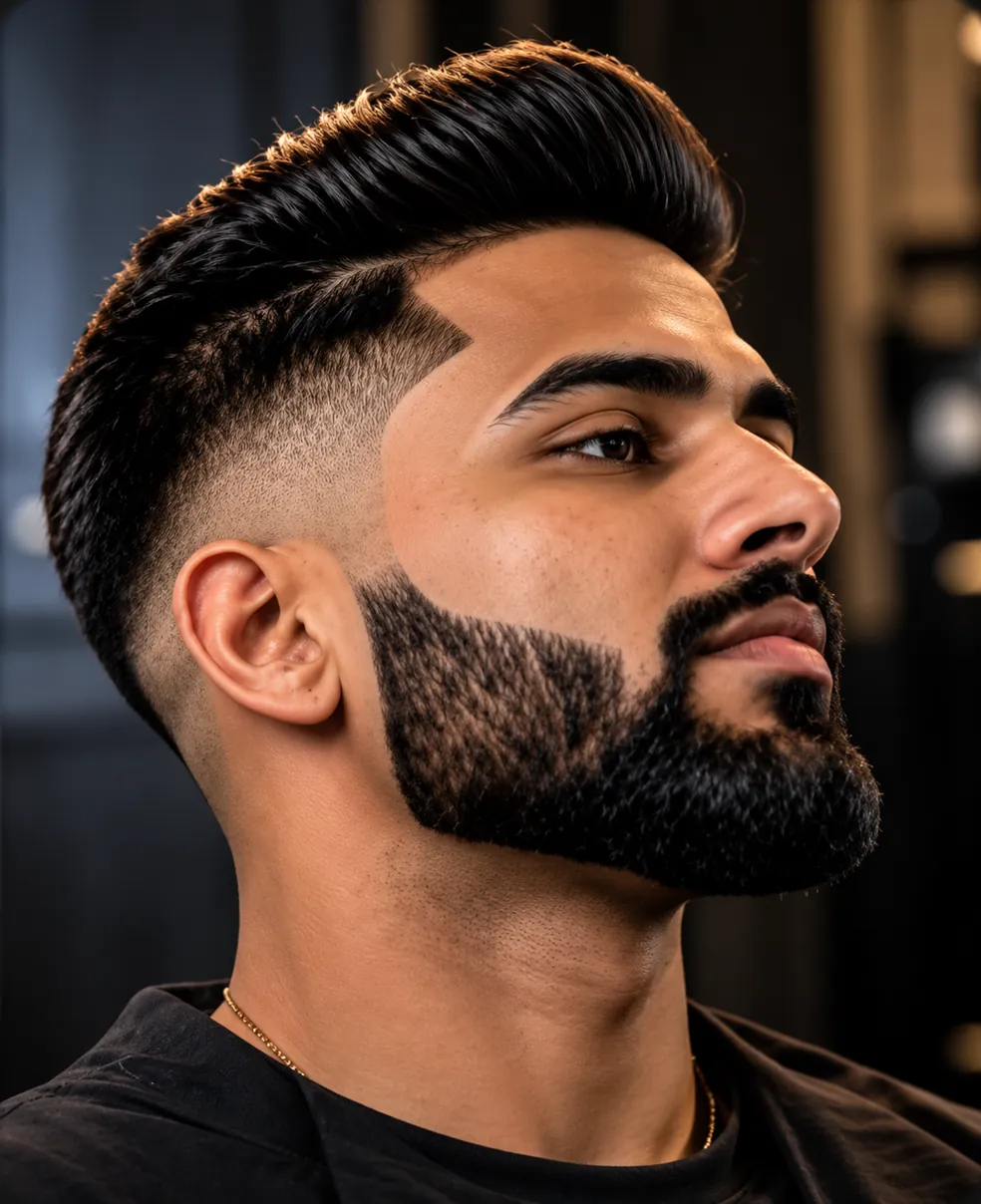 A full beard shaped with sharp cheek and neck lines, with a mid fade