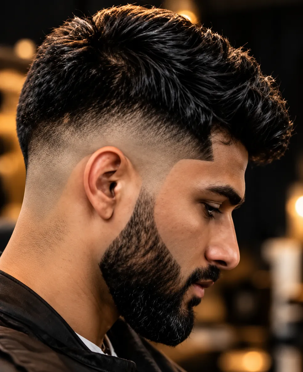 A skin fade haircut with a textured top, side view